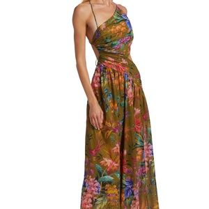 Zimmermann Tropicana Asymmetric Cut Out Dress khaki floral sz 1 $695 BNWT